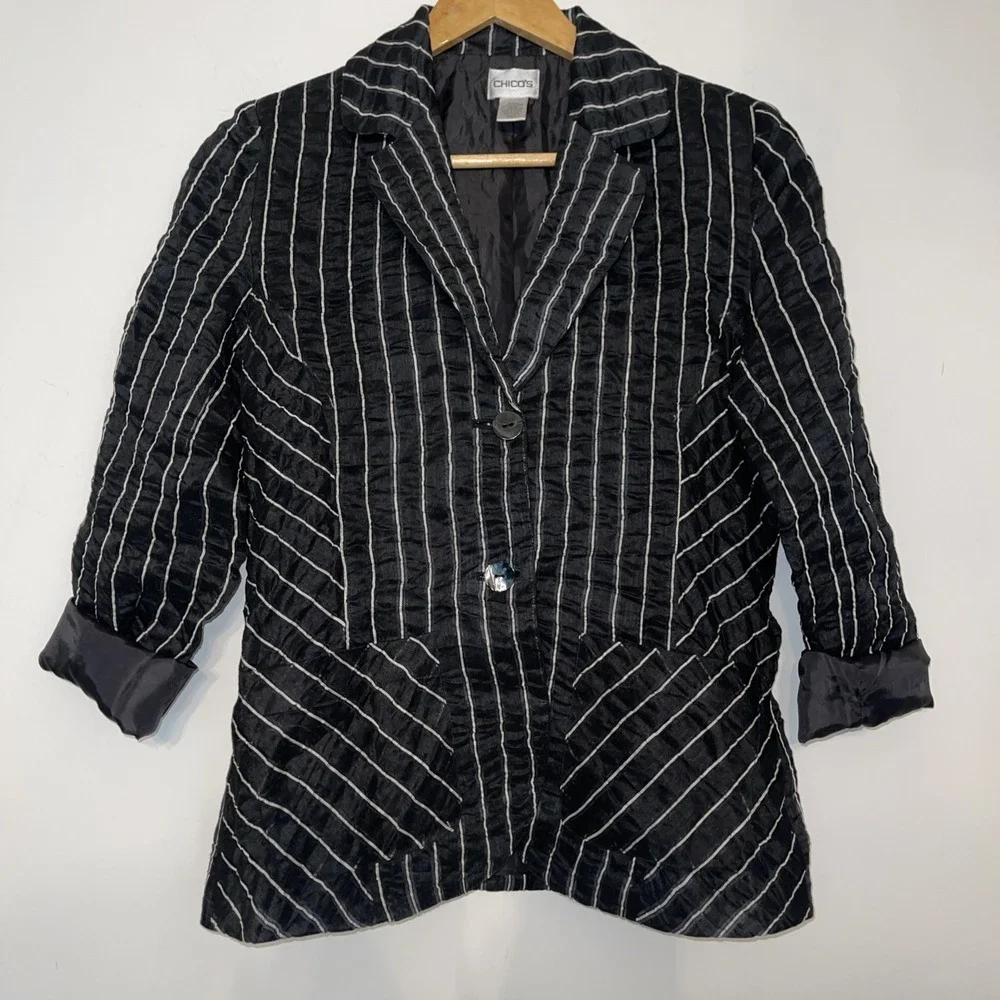 Chicos Size 1 Blazer Black White Pinstripe Linen Blend Jacket Womens - Picture 5 of 8